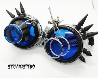 Chrome steampunk goggles double loupe blue lens cyber goggles burning man steampunk accessories - steampunk gift - goggles - steampunk