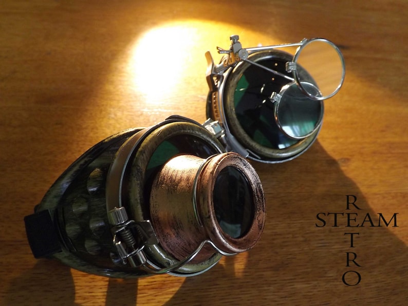 bronze steampunk goggles double loupe green lens cyber goggles burning man steampunk accessories steampunk gift goggles steampunk image 8