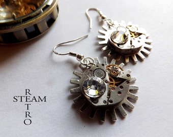 Pendientes Steampunk cristal Swarovski blanco - Joyeria Steampunk de Steamretro
