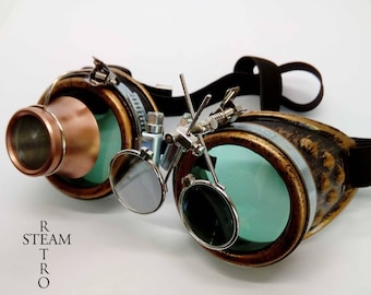 Gafas steampunk Bronce - doble lupa verdes gafas cibernéticos lente quema accesorios hombre steampunk - regalo del steampunk de Navidad