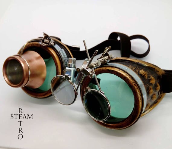 Bronze Steampunk Goggles Double Loupe Green Lens Cyber Goggles Burning Man Steampunk  Accessories Steampunk Gift Goggles Steampunk 