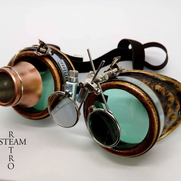 Gafas steampunk Bronce - doble lupa verdes gafas cibernéticos lente quema accesorios hombre steampunk - regalo del steampunk de Navidad