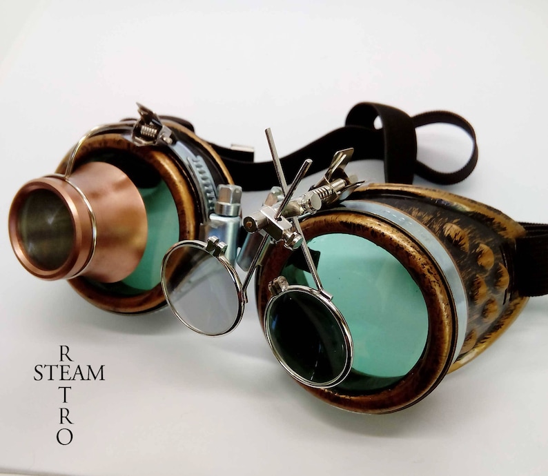 bronze steampunk goggles double loupe green lens cyber goggles burning man steampunk accessories steampunk gift goggles steampunk image 1