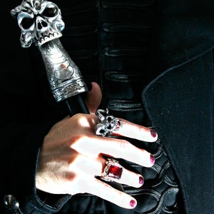 May include: A silver skull-shaped walking stick with a black handle. The stick is held by a hand wearing several silver rings, including one with a red gemstone.