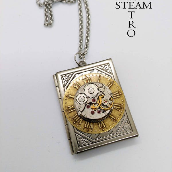 Collar de Steampunk, collar libro medallón de Steampunk con mecanismo de relojería