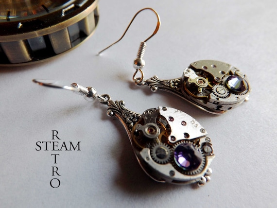 Steampunk Purple Lila Earrings Steamretro steampunk Jewellery by