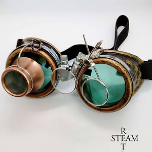 bronze steampunk goggles double loupe green lens cyber goggles burning man steampunk accessories steampunk gift goggles steampunk image 5