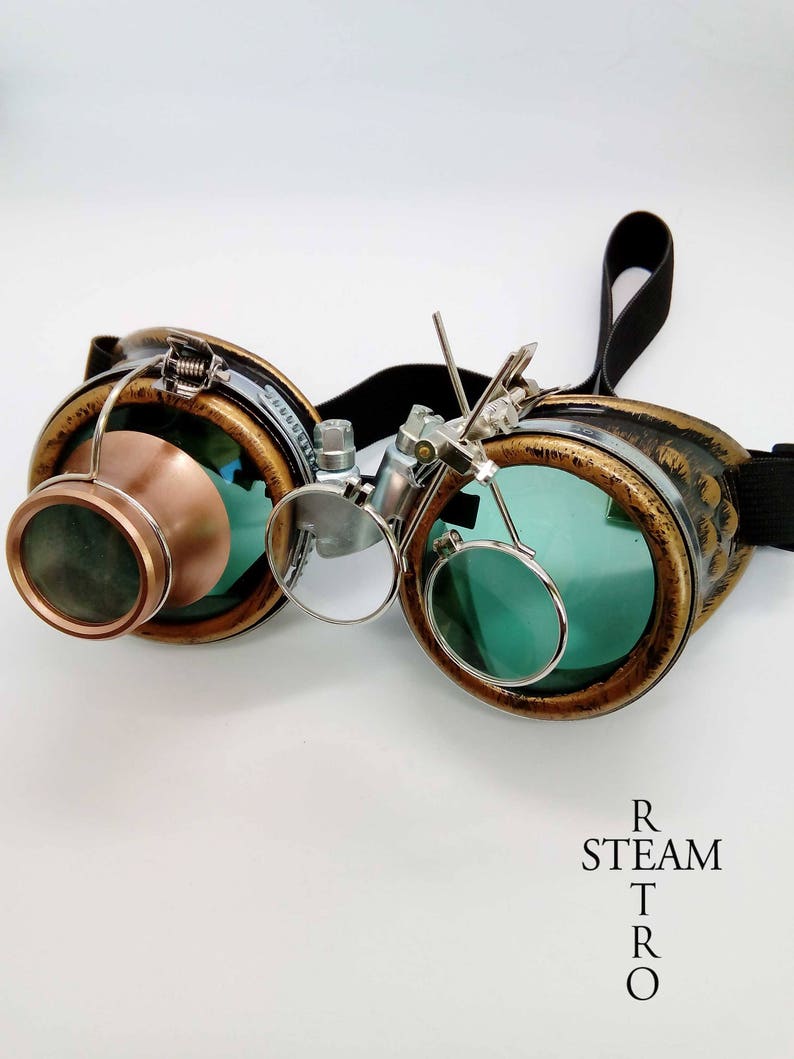 bronze steampunk goggles double loupe green lens cyber goggles burning man steampunk accessories steampunk gift goggles steampunk image 5