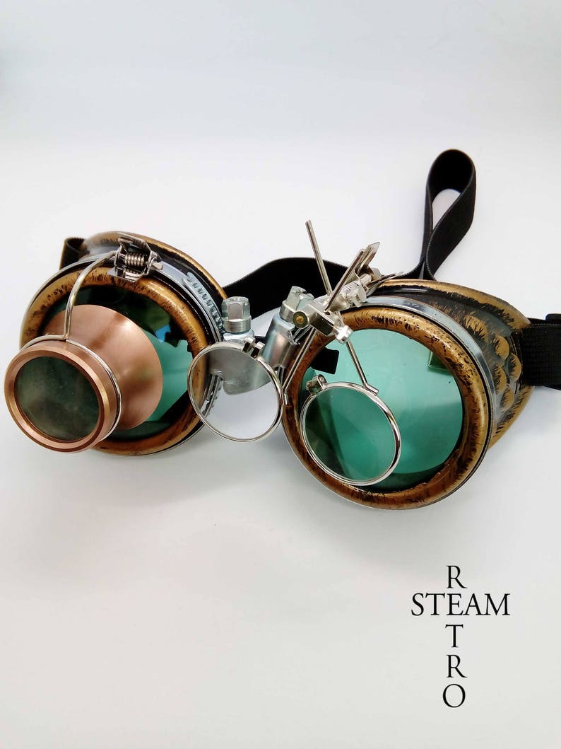 Bronze steampunk goggles double loupe green lens cyber Etsy