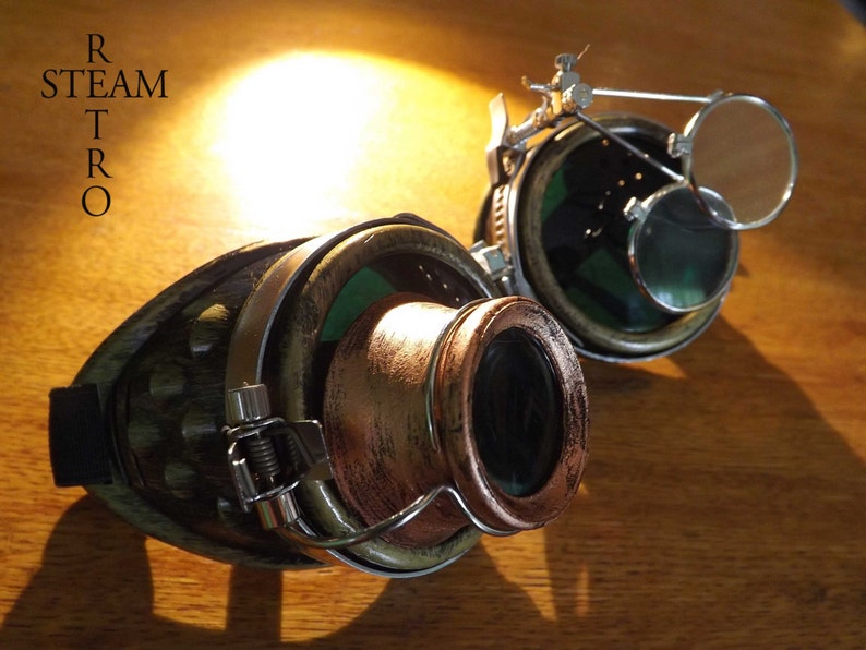 bronze steampunk goggles double loupe green lens cyber goggles burning man steampunk accessories steampunk gift goggles steampunk image 6