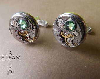 Steampunk Peridot green Cufflinks- Men Jewelry by Steamretro, Men cufflinks -personalized jewelry