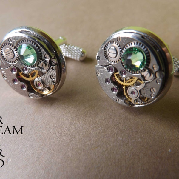 Steampunk Peridot green Cufflinks- Men Jewelry by Steamretro, Men cufflinks -personalized jewelry