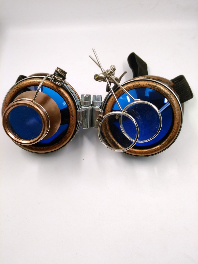 bronze steampunk goggles double loupe blue lens cyber goggles burning man steampunk accessories steampunk gift steampunk goggles image 9