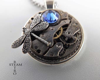 Steampunk - necklace - steampunk dragonfly necklace - Steampunk pendant - Aquamarine steampunk necklace - firefly necklace - steampunk gifts