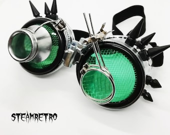 Chrome steampunk goggles double loupe green lens cyber goggles burning man steampunk accessories - steampunk gift - goggles - steampunk