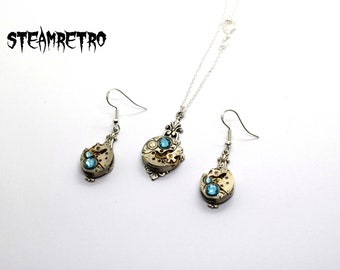 Steampunk Jewelry set in Aquamarine - Steampunk wedding set - Steampunk Necklace & Earrings - Christmas gift - Gift for her