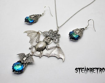 gothic - gothic necklace and earring set - gothic bat necklace - gothic victorian necklace set - bermuda blue necklace -  jewellery