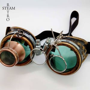 bronze steampunk goggles double loupe green lens cyber goggles burning man steampunk accessories steampunk gift goggles steampunk image 3