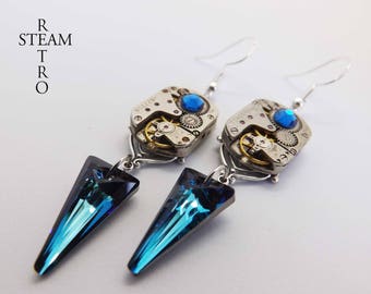 steampunk earrings - art deco earrings - swarovski earrings - bermuda blue earrings - steampunk art deco - neo victorian earrings - gothic