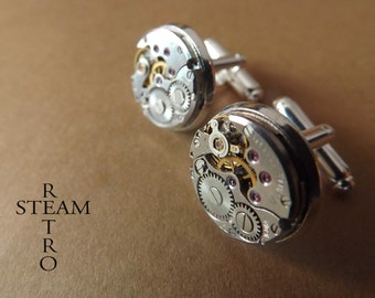 Steampunk - Steampunk Cufflinks 16mm round vintage Chaika watch movements. Vintage upcycled mens Cuff Links