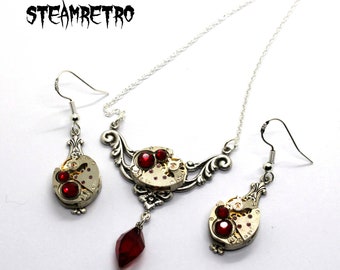 Steampunk Jewelry set in blood red - Steampunk wedding set - Steampunk Necklace & Earrings -  goth - steampunk - jewellery set - gothic