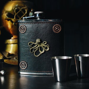 Steampunk flask and cup set- mens steampunk gift- steampunk octopus flask - kraken flask - Cthulhu flask - steampunk flask steampunk - flask