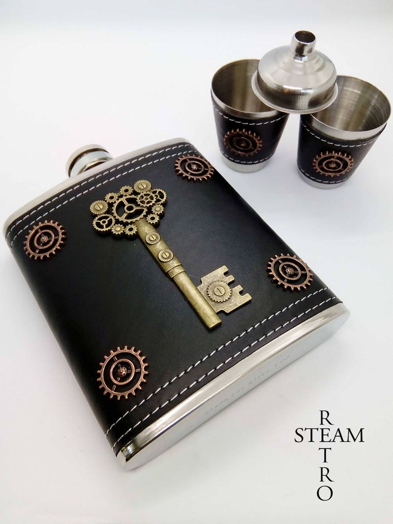 Steampunk flask and cup set mens steampunk gift steampunk Etsy