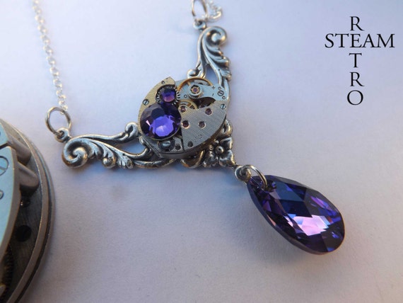 Rococo inspired Steampunk Necklace - Steampunk Jewelry - gift boxed - Swarovski heliotrope Crystal Necklace - Christmas gift