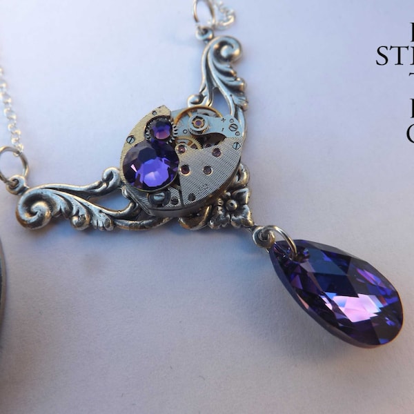 Rococo inspired Steampunk Necklace - Steampunk Jewelry - gift boxed - Swarovski heliotrope Crystal Necklace - Christmas gift