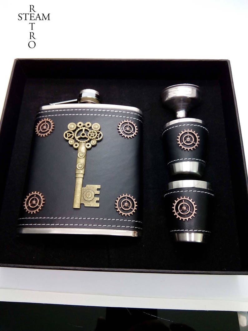 Steampunk flask and cup set mens steampunk gift steampunk Etsy