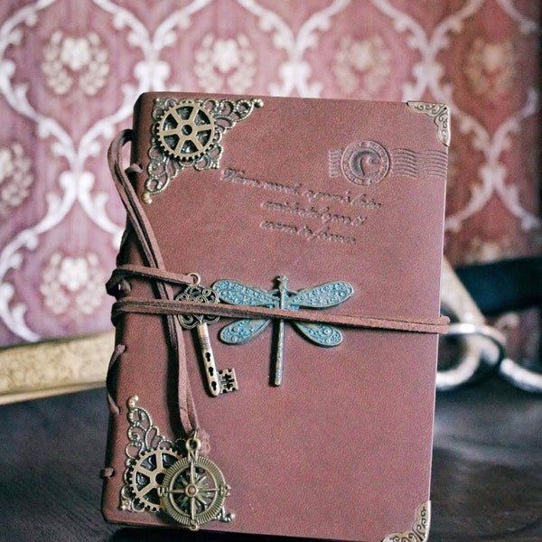 Steampunk leather journal - Vintage wedding guest book - Steampunk accessories - dragonfly notebook - steampunk gift - diary - steampunk