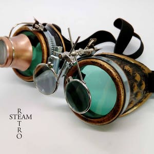 bronze steampunk goggles double loupe green lens cyber goggles burning man steampunk accessories steampunk gift goggles steampunk image 10