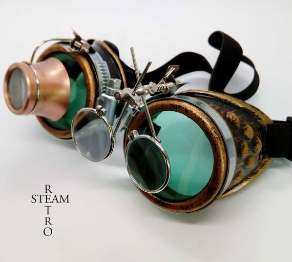 Gafas steampunk Bronce doble lupa verdes gafas cibernéticos lente quema  accesorios hombre steampunk regalo del steampunk de Navidad -  España