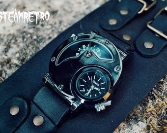 steampunk wristwatch - gothic wristwatch - death metal jewellery - fat leather strap - festival wear - biker watch - dual time watch - goth