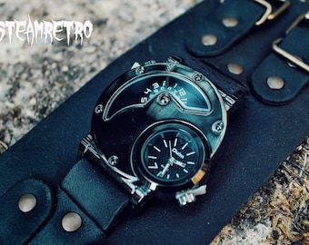 steampunk wristwatch - gothic wristwatch - death metal jewellery - fat leather strap - festival wear - biker watch - dual time watch - goth