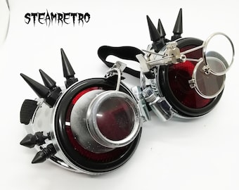 Chrome steampunk goggles double loupe red lens cyber goggles burning man steampunk accessories - steampunk gift - goggles - steampunk
