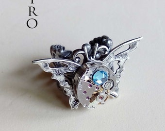 The Butterfly Effect Steampunk Ring- Vintage ring aquamarine -  Butterfly ring - Steampunk ring - Watch mechanism  Mechanical - steampunk