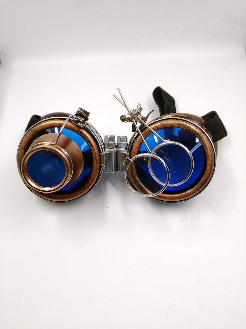 bronze steampunk goggles double loupe blue lens cyber goggles burning man steampunk accessories steampunk gift steampunk goggles image 2