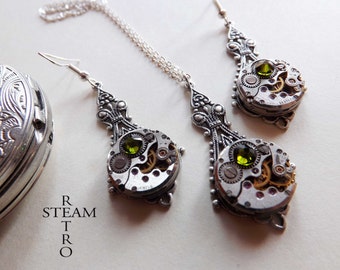 Steampunk Jewelry set in filigree Green - Steampunk wedding set - Steampunk Necklace & Earrings - Christmas gift