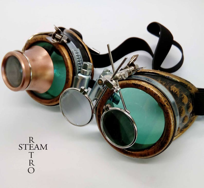 bronze steampunk goggles double loupe green lens cyber goggles burning man steampunk accessories steampunk gift goggles steampunk image 9