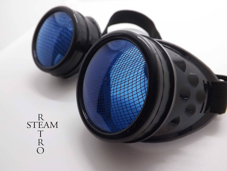 May include: Black steampunk goggles with blue mesh lenses. The goggles have a black elastic strap and a metal frame.