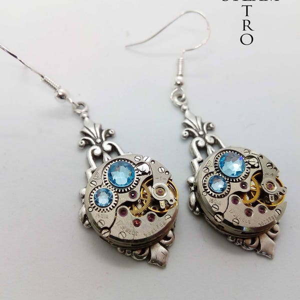 Art Deco Steampunk Earrings in Blue - Steampunk earrings - Art Deco - Jewelry - steampunk Jewellery - steampunk - art deco - gothic earrings