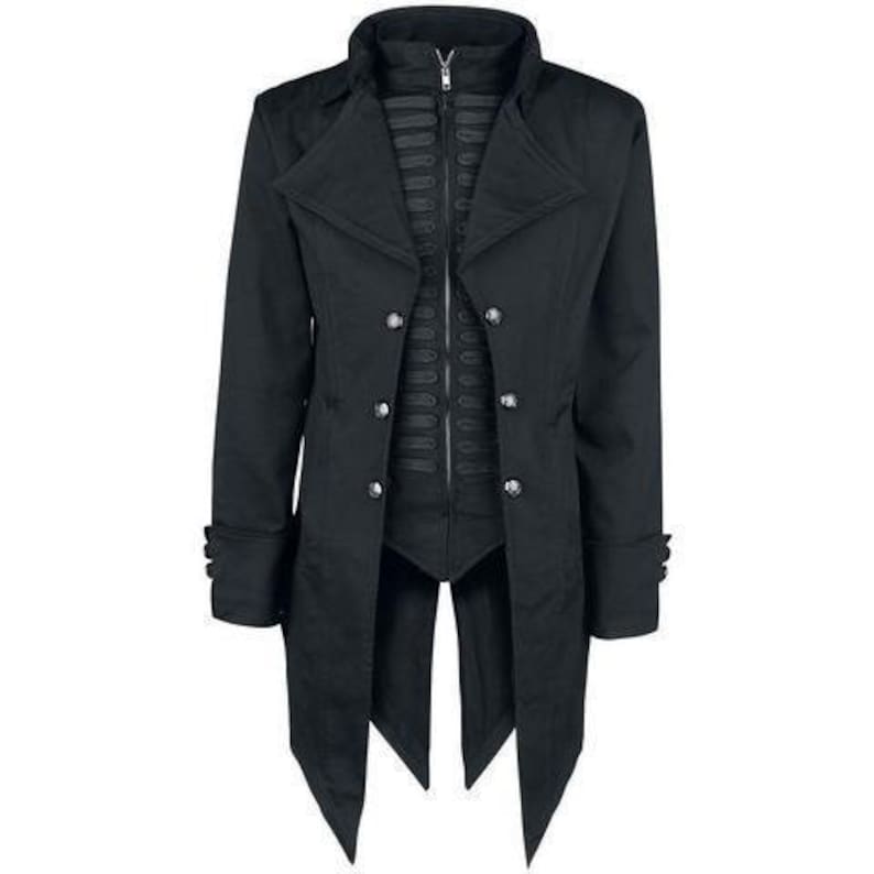 May include: A black long-sleeved jacket with a high collar and a long tail. The jacket has a double-breasted closure and decorative buttons.