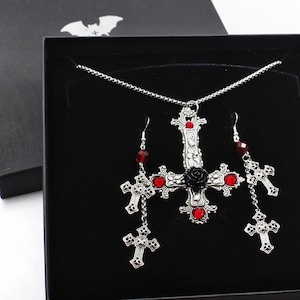cross necklace - gothic cross - gothic jewellery set - gothic red cross - gothic black red cross & earrings - Goth jewelry - Gothic jewelry