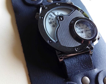 Dual Time  Gothic Steampunk Watch & Handmade Black Leather Strap Steampunk Watches by Steamretro