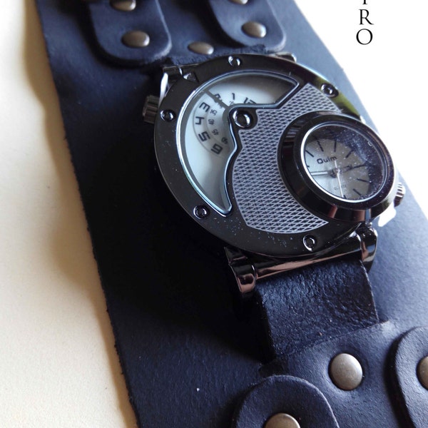 Dual Time  Gothic Steampunk Watch & Handmade Black Leather Strap Steampunk Watches by Steamretro