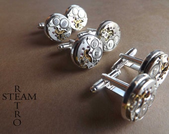 Matching sets of Steampunk Watch Cufflinks - 16mm vintage watch movements -  Vintage upcycled mens Cufflinks- steampunk- steampunk cufflinks