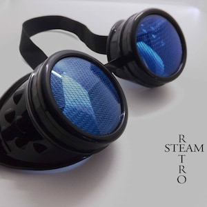 May include: Black steampunk goggles with blue mesh lenses. The goggles have a black leather strap and a metal frame.