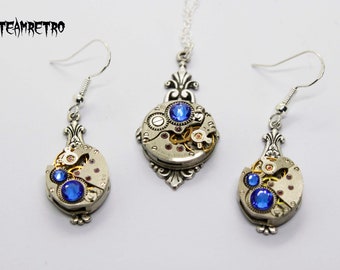 Steampunk Jewelry set in Sapphire - Steampunk wedding set - Steampunk Necklace & Earrings - Christmas gift - Gift for her