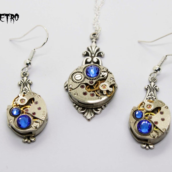 Steampunk Jewelry set in Sapphire - Steampunk wedding set - Steampunk Necklace & Earrings - Christmas gift - Gift for her